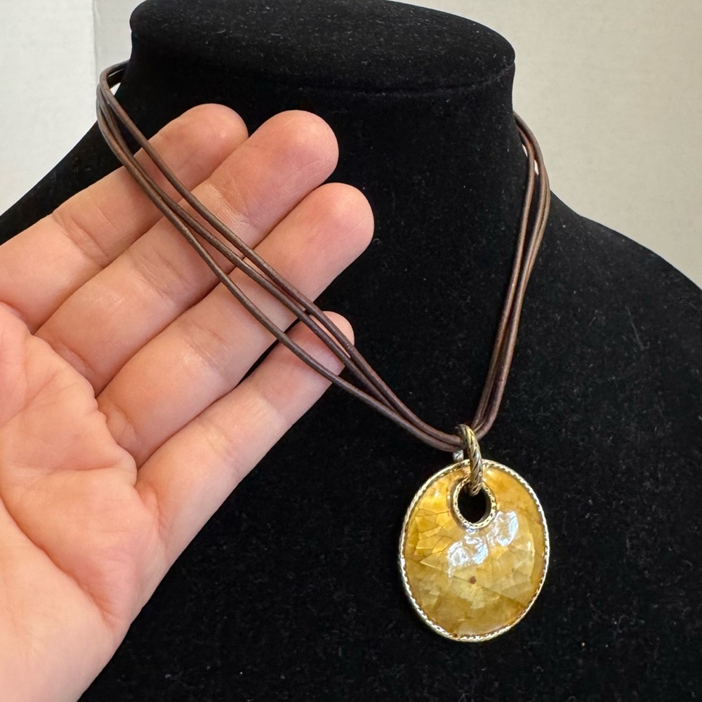 VTG Monet Necklace Brown Leather Cord Gold Tone Mother of Pearl Mosaic Pendant